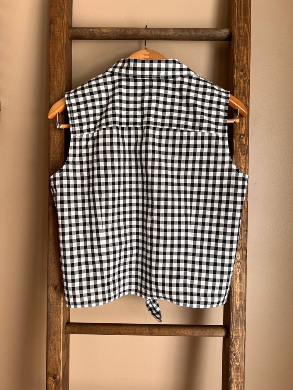 Ralph Lauren Sleeveless Gingham Tie-Front Shirt - Black & White - Picture 2 of 7